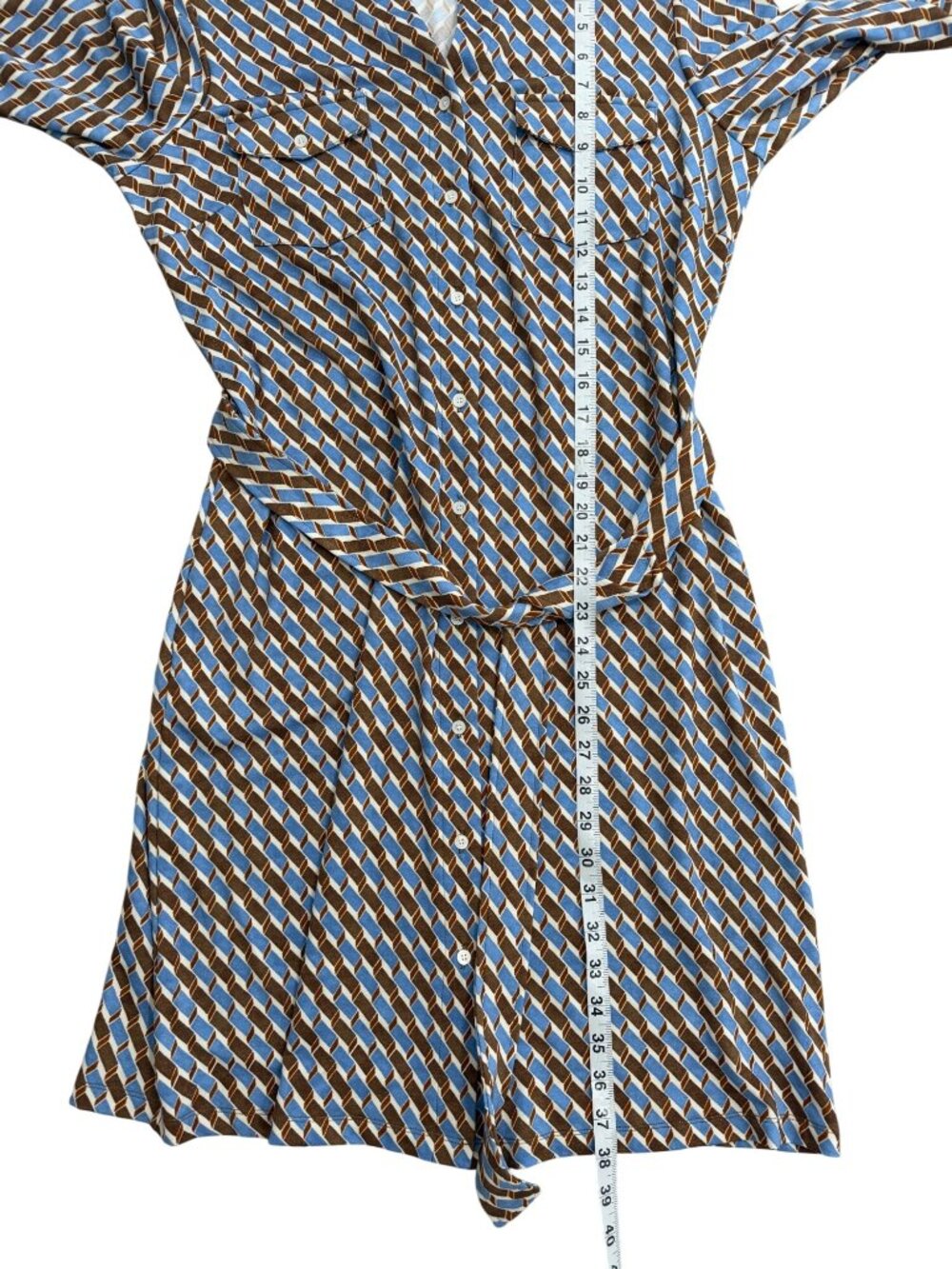 J. McLaughlin Womens Size L Shirt Dress Belted Button-Up Geometric Blue Brown - Picture 8 of 8